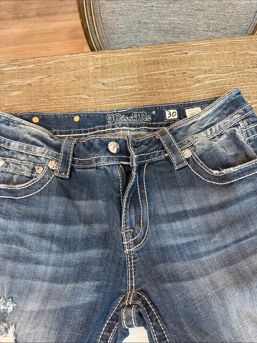 Miss Me Blue Washed Boot Cut Jeans with Contrast Stitching